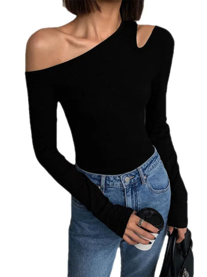 Mode Schräger Kragen Off-Shoulder Langarm-T-Shirts Damen Frühling Neu Einfarbig Slim Fit Crop Top Sexy Hohl Out Tees Shirts