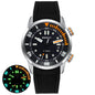 Berny watch with black strap and orange accents on a white background