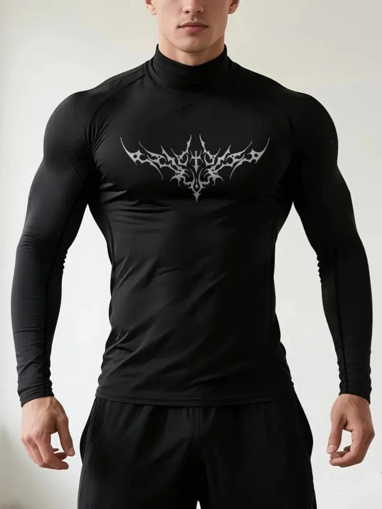 Herren Gothic-Print schnelltrocknendes Langarm-Fitness-Workout-Stretch-Enges Top Stehkragen atmungsaktives Trainings-T-Shirt S-3XL