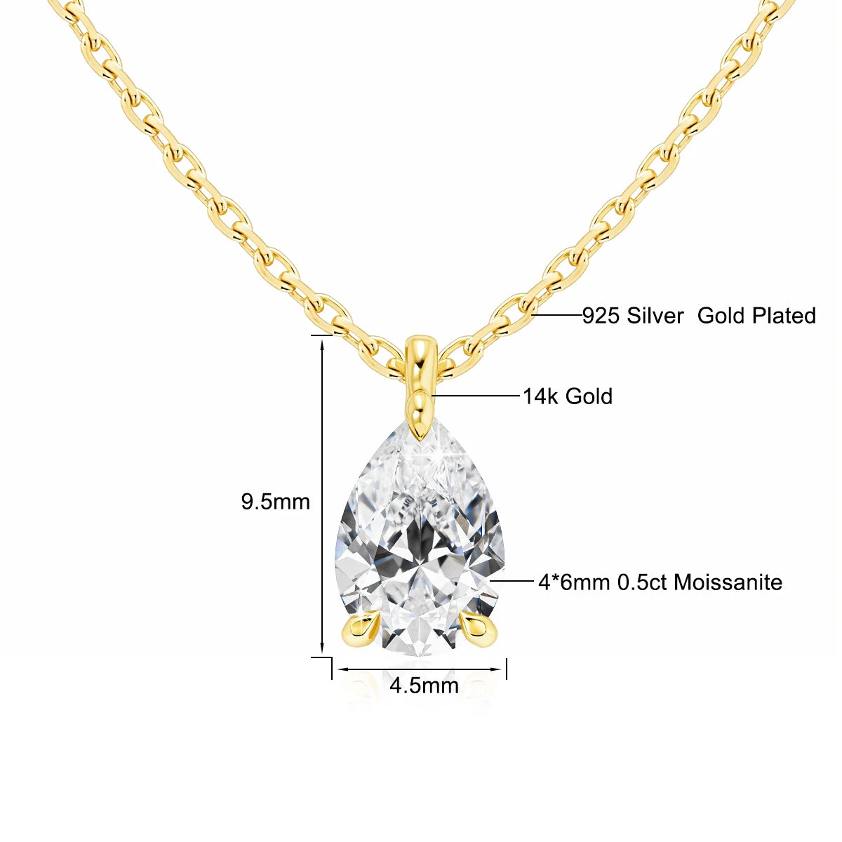 Gold necklace with a teardrop-shaped gemstone, showing material details on a white background.