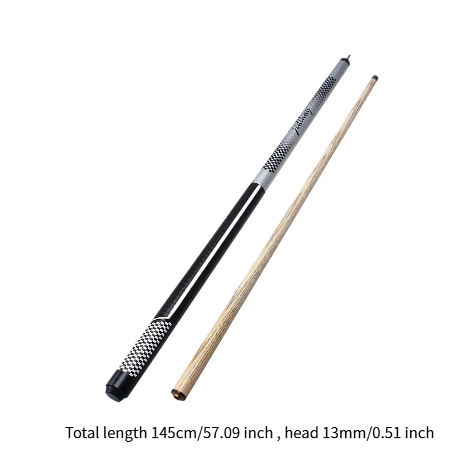 Two pool cues, one black and one with a natural wood finish, on a white background.