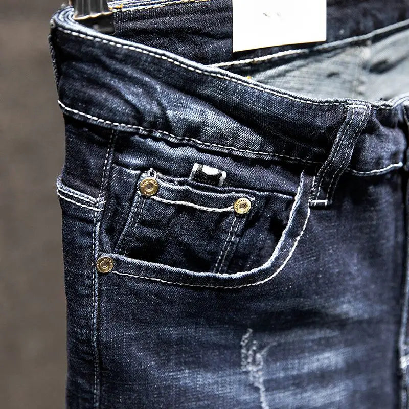 American Elastic Straight Jeans Men Ripped Worn-out Slim-fit Cotton Men's Clothing