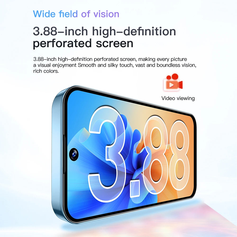 Smartphone with 3.88-inch high-definition perforated screen on a white background