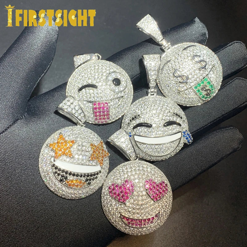 Gold Silber Farbe CZ Lustiger Gesichtsanhänger Halskette Iced Out Zirkonia Stern Herz Lächeln Charme Halsketten Männer Frauen Hip Hop Schmuck