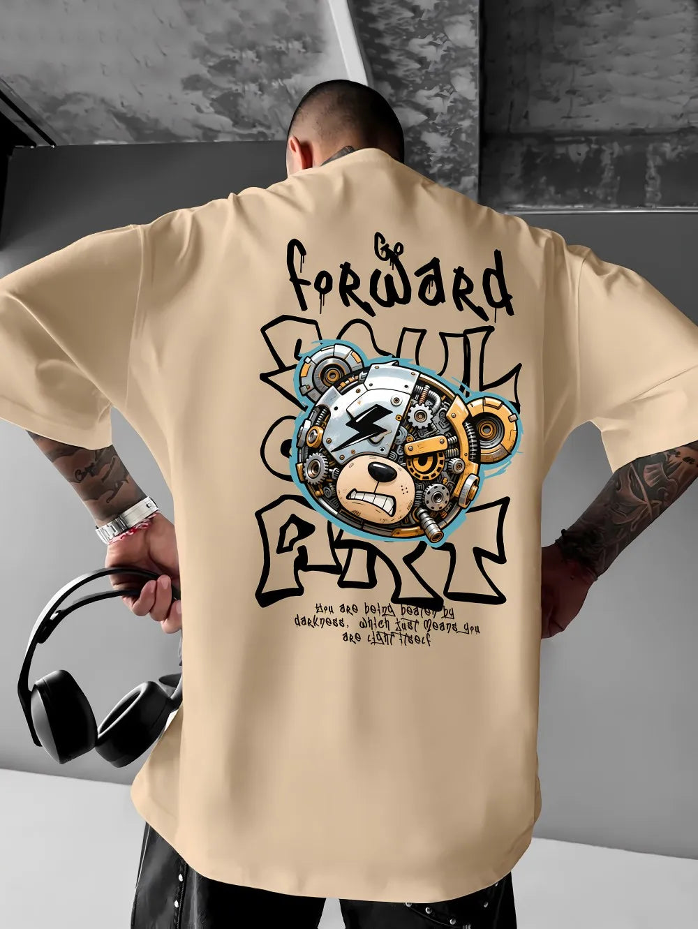 Europäisches und amerikanisches Herren-T-Shirt mit mechanischem Bären-Buchstabenprint, bequem und atmungsaktiv, Rundhals, Outdoor-Street-Top für den Sommer