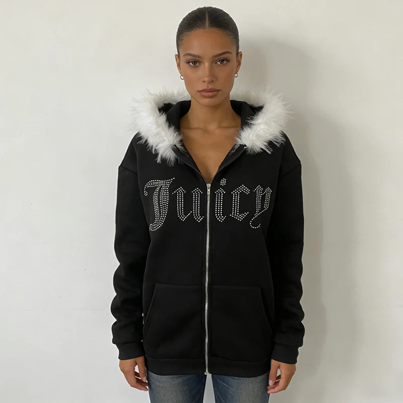 Fur collar cardigan sweatshirt zipper jacket European and American letter hot stamping retro sweatshirt jacke