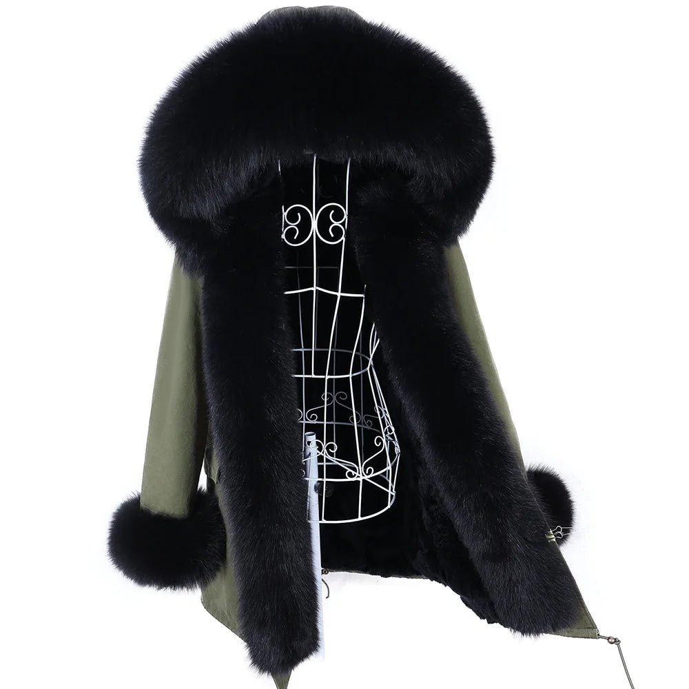 MAOMAOKONG 2023 Abnehmbarer Echtfuchs Pelzkragen Mäntel Damen Winterjacke Kapuze Kaninchenfellfutter Lange Parkas Damenbekleidung