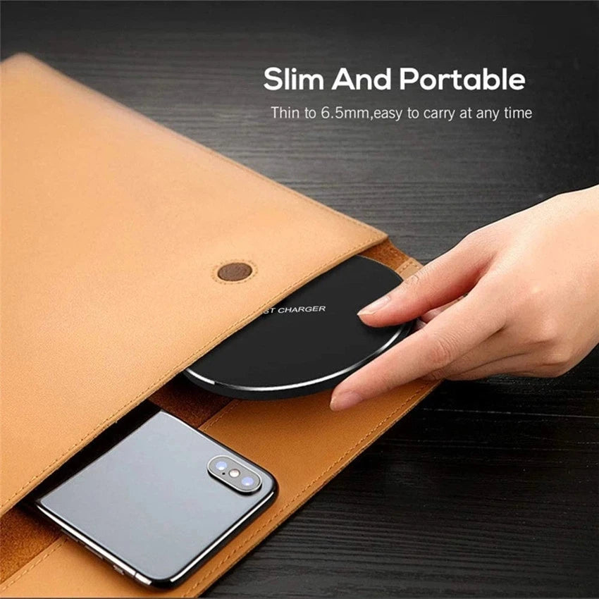 Hand placing a black device into a brown leather pouch with text about slim and portable design.