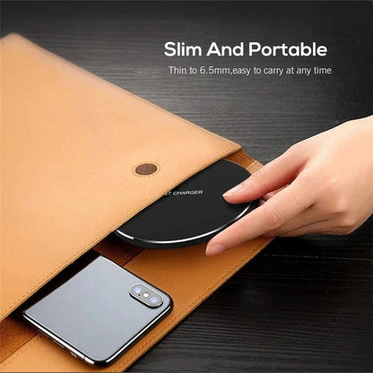 Hand placing a black device into a brown leather pouch with text about slim and portable design.