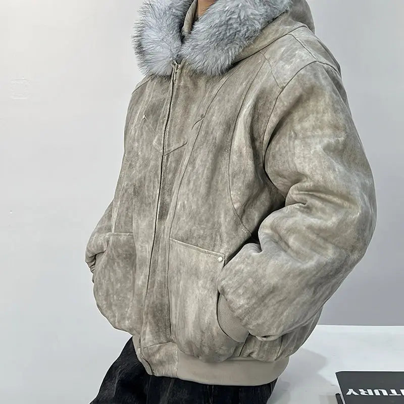 Y2K Cotton jacket with fur collar eagle embroidered and tie-dyeed winter men's design outdoor jacket thick and comfortable