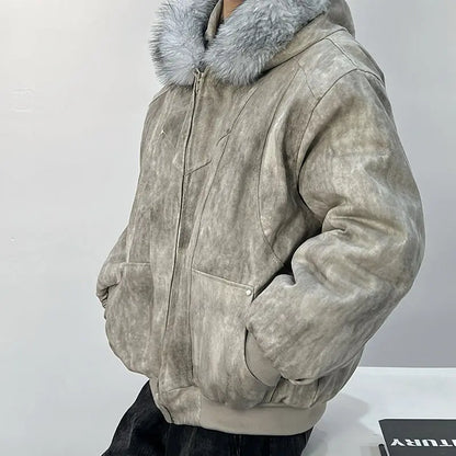 Y2K Cotton jacket with fur collar eagle embroidered and tie-dyeed winter men's design outdoor jacket thick and comfortable