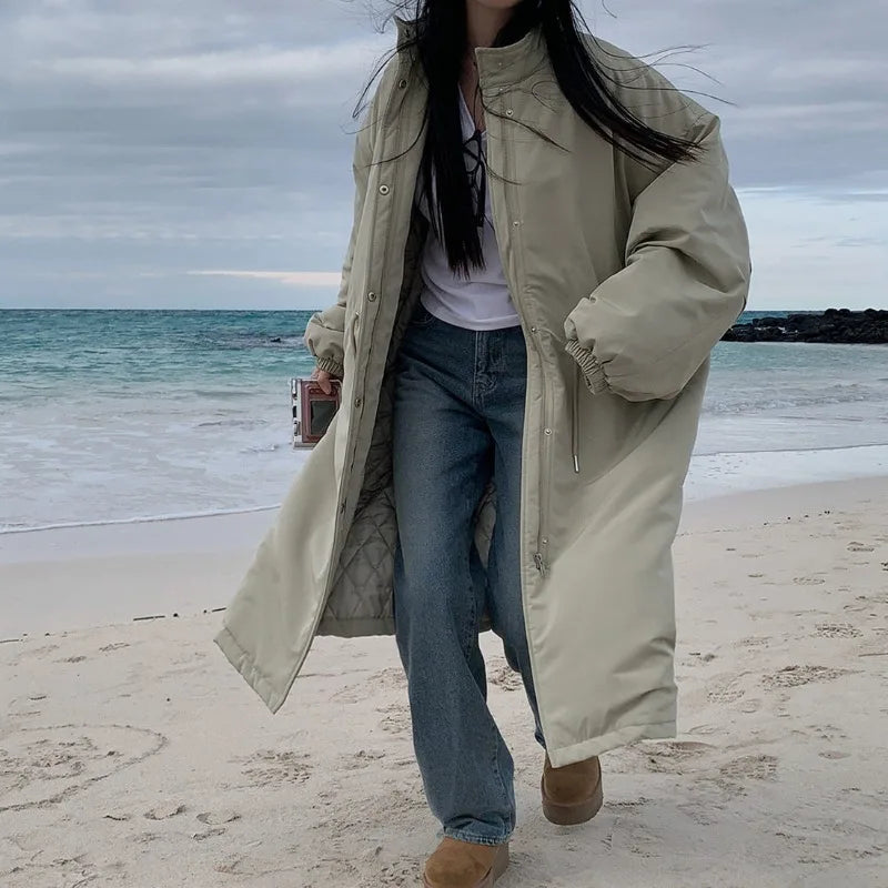 Winter Stand Collar Long Down Jacket Female Warm Drawstring Knee Length Cotton Jacket Women Workwear Thick Outwears