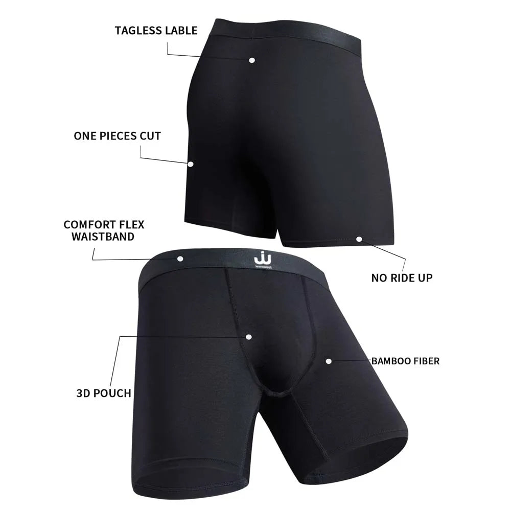 Black men's underwear with features labeled on a white background