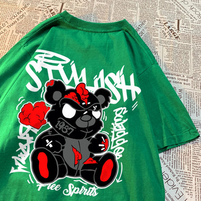 Explodierende schwarze Puppenbär-Männer-Frauen-T-Shirts Hochwertige Baumwolltops Sommer Locker T-Shirts Einfachheit Atmungsaktive Streetwear