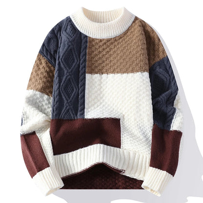 Men's Clothing Round Neck Autumn Winter Pullover Lantern Long Sleeve Screw Thread Sweater Knitted Casual Contrast Color Tops