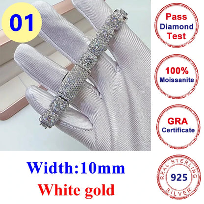 10mm Full Moissanite Diamond Cuban Chain Bracelet Hip Hop Jewelry S925 Silver Bracelets Pass Tester with Gra for Men Women