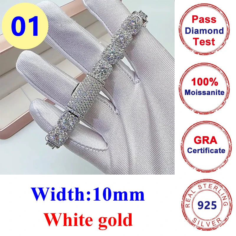10mm Full Moissanite Diamond Cuban Chain Bracelet Hip Hop Jewelry S925 Silver Bracelets Pass Tester with Gra for Men Women