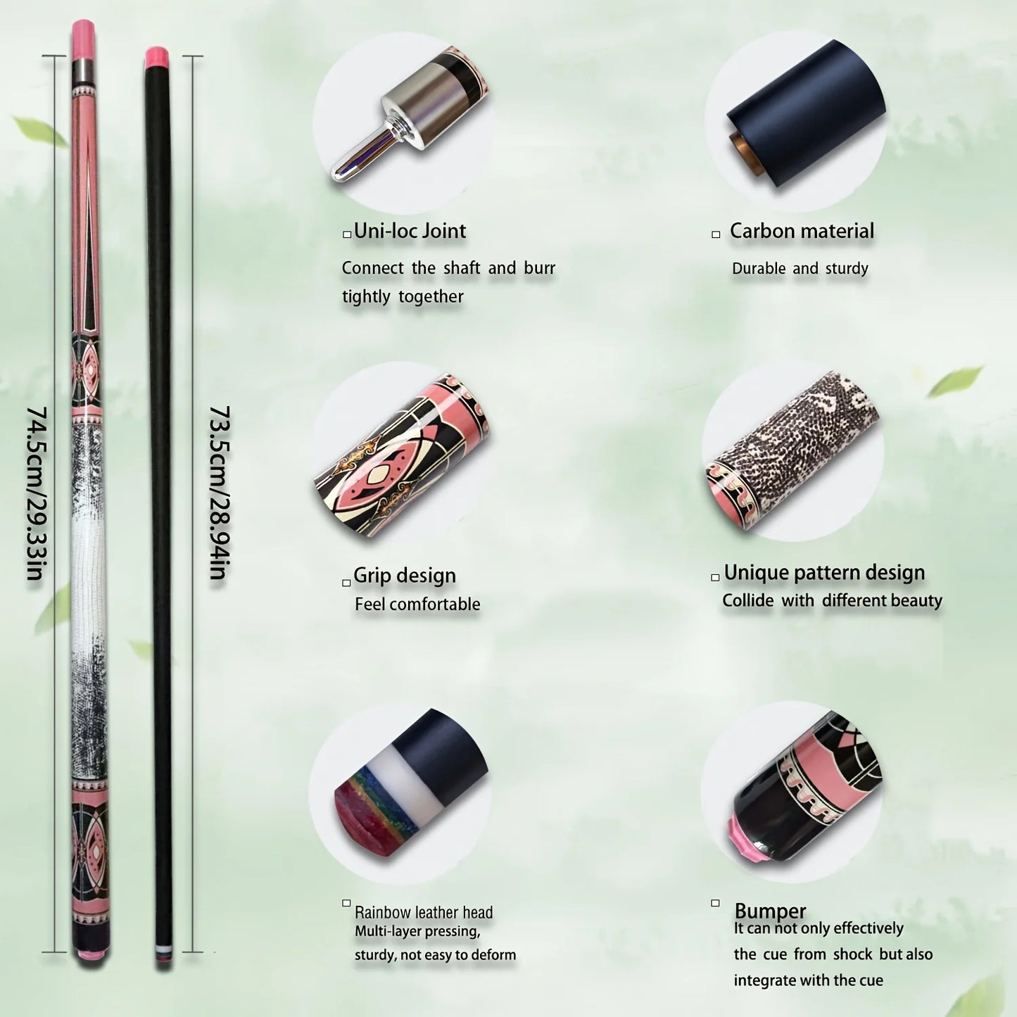 Professional 13mm Multi-Layer Tip Carbon Fiber Pool Cue with Stainless Steel Joint - Includes Joint Protector Cap