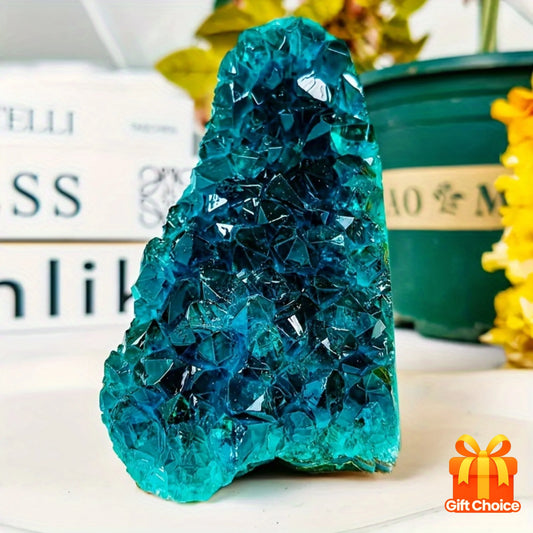 Blue crystal formation on a white surface with blurred background