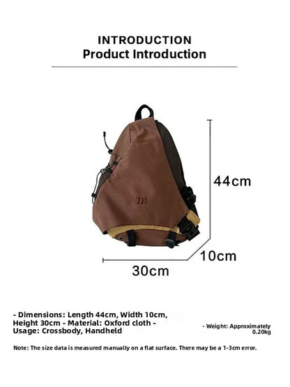 Brown backpack with measurements on a white background