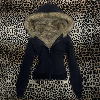 Aesthetic Women's Fur Collar Hoodie Sexy Slim Chic Casual Solid Color Cardigan Sweatshirt Goth Punk Rock Streetwear