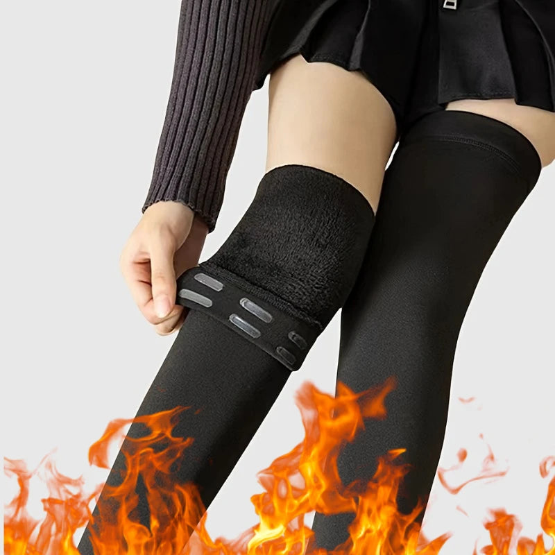 Women's Plus JK Style Thigh High Stockings Plus Size Non-slip Silicone Warm Plush Lined Over The Knee Socks For Fall & Winter