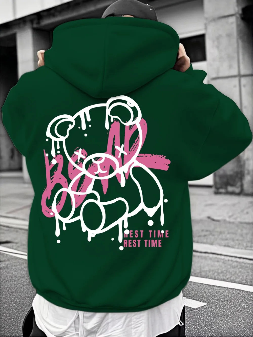 Fashionable men's autumn personalized teddy bear print soft and comfortable hooded sweatshirt outdoor street style clothing
