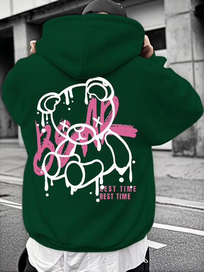 Fashionable men's autumn personalized teddy bear print soft and comfortable hooded sweatshirt outdoor street style clothing
