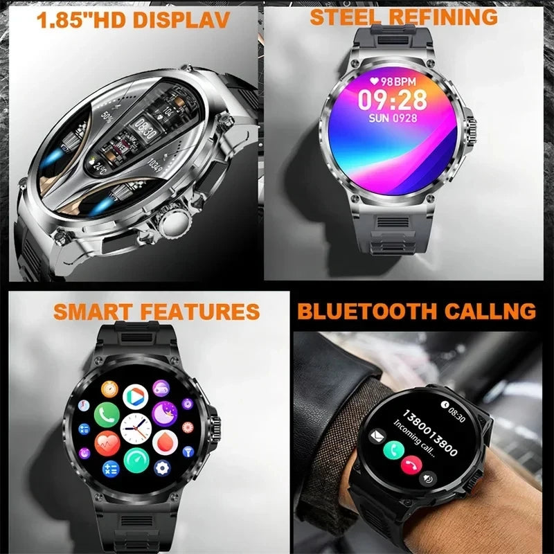 Smartwatch with various features highlighted on a gray background
