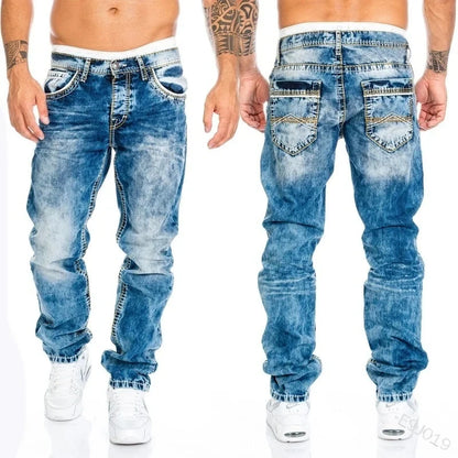 2024 Men Jeans Solid Pockets Stretch Denim Straight Pants Spring Summer Business Casual Trousers Daily Streetwear Men's Clothing