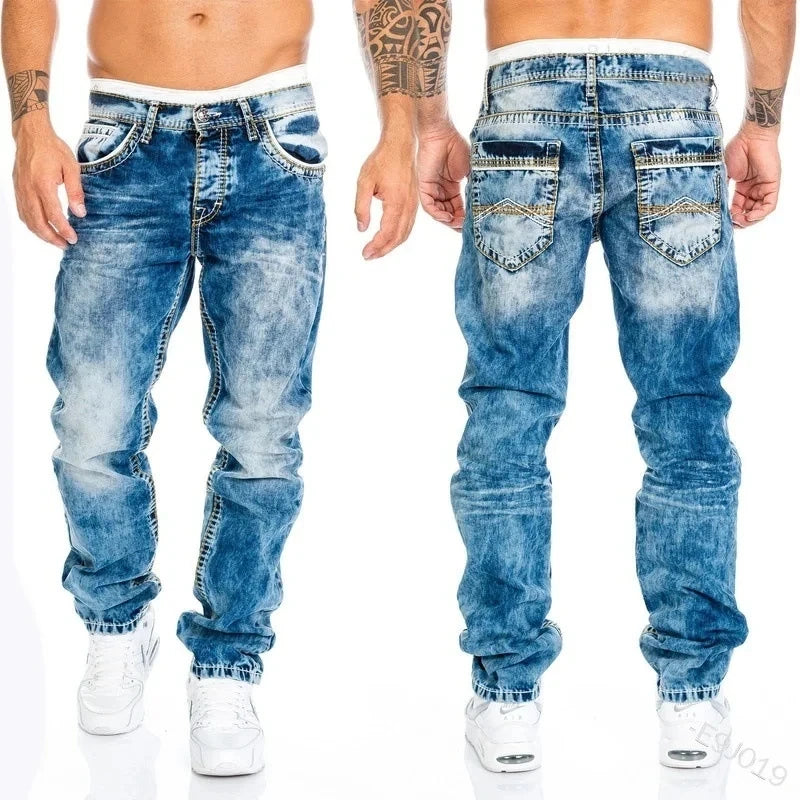 2024 Men Jeans Solid Pockets Stretch Denim Straight Pants Spring Summer Business Casual Trousers Daily Streetwear Men's Clothing