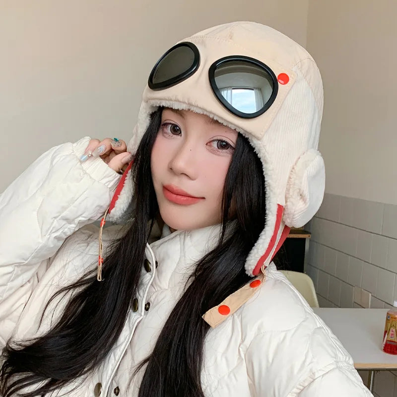 Autumn and winter velvet warm hat, women's goggles, flight hat, outdoor cycling windproof ear protection, Lei Feng hat