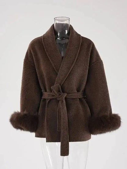 UCXQ Eleganter OL Business-Mantel Pelz-Patchwork Langarm Wollmantel Schöne Damenbekleidung Jacke Herbst 2025 Winter