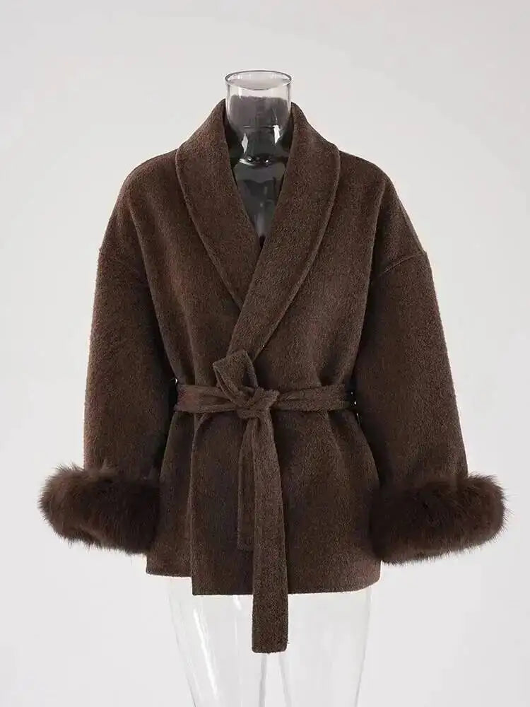 UCXQ Eleganter OL Business-Mantel Pelz-Patchwork Langarm Wollmantel Schöne Damenbekleidung Jacke Herbst 2025 Winter