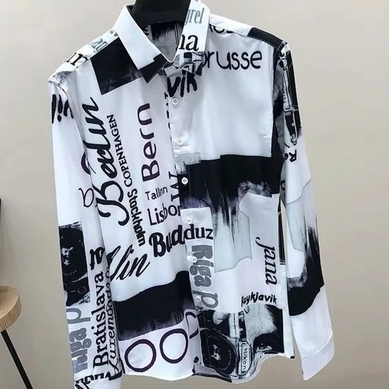 Black and white patterned shirt with text and graphics on a beige background