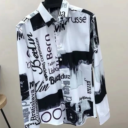 Black and white patterned shirt with text and graphics on a beige background