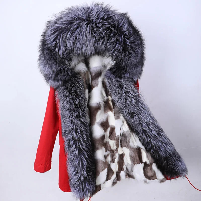 Maomaokong 2022 Winter Long Jacket Real Fur Coat Women Clothes Large Fur Collar Detachable Natural Fox Lining Parkas Leather Fur