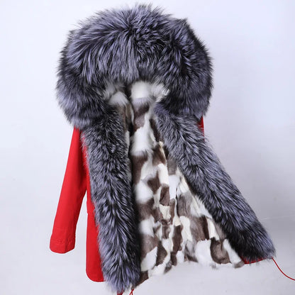 Maomaokong 2022 Winter Long Jacket Real Fur Coat Women Clothes Large Fur Collar Detachable Natural Fox Lining Parkas Leather Fur