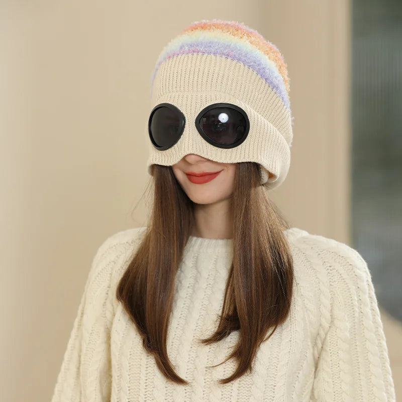 Pilot Goggles with Fleece Knit Hat for Autumn and Winter Cold Weather Protection, Warm Woolen Hat for Men and Women, Versatile T