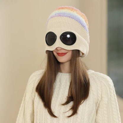 Pilot Goggles with Fleece Knit Hat for Autumn and Winter Cold Weather Protection, Warm Woolen Hat for Men and Women, Versatile T