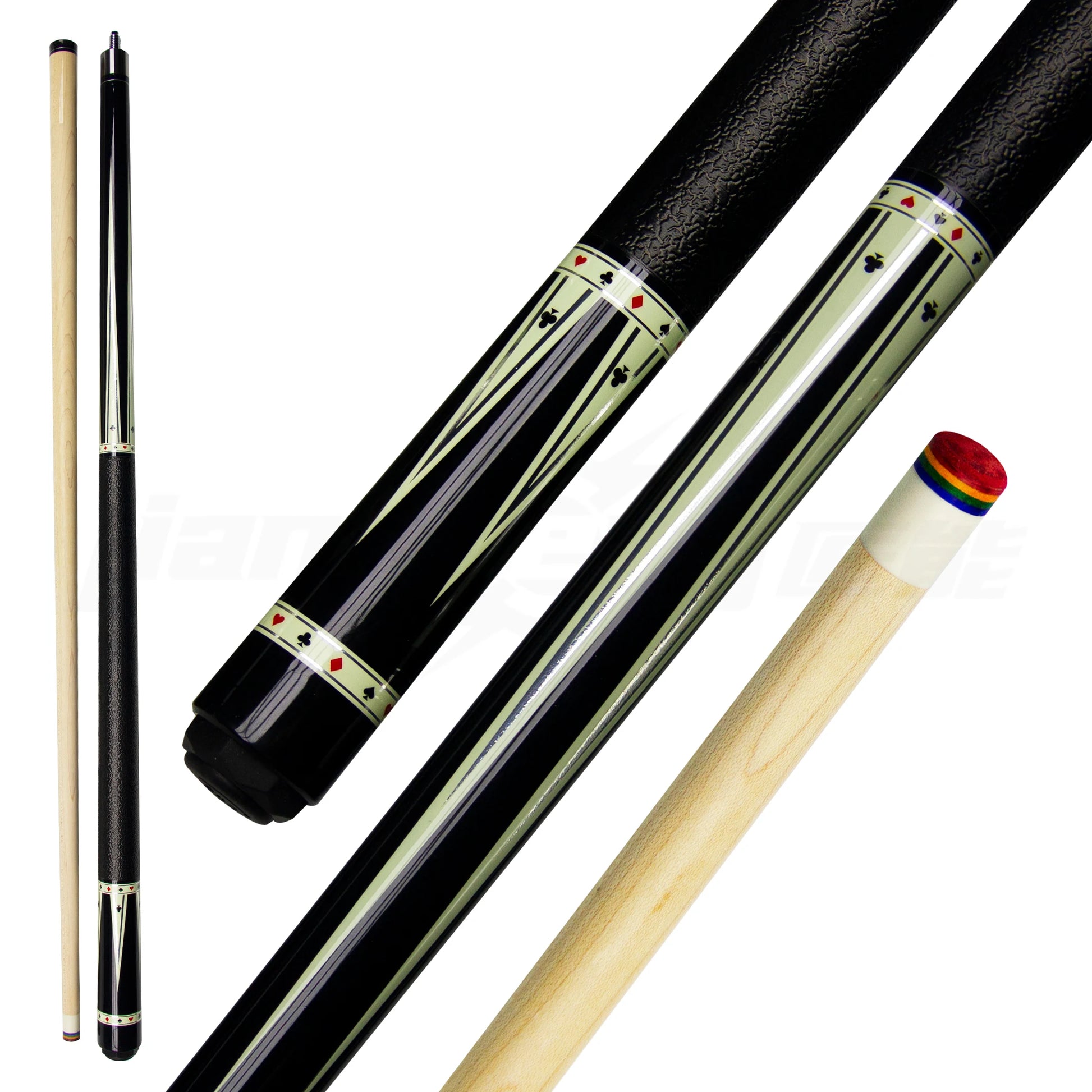 Set of pool cues with different designs on a white background