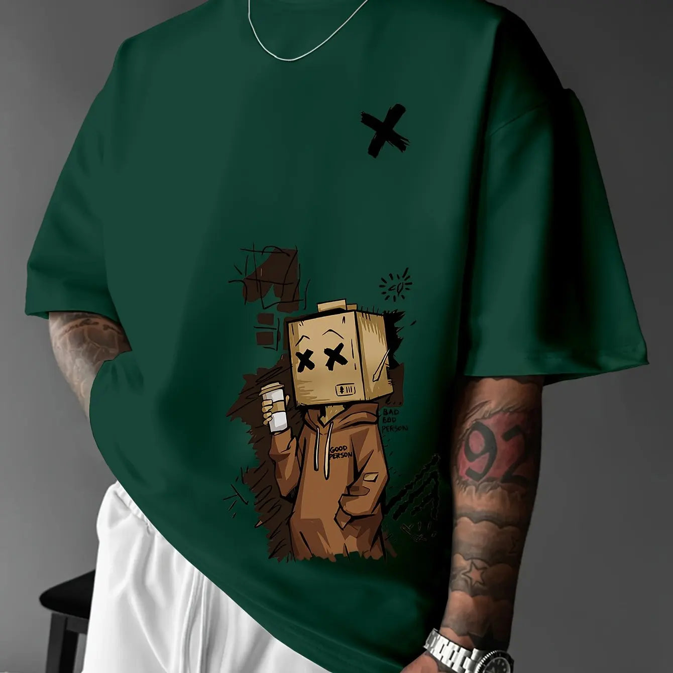 Herren T-Shirt aus 100% Baumwolle, modisch, leger, sportlich, locker, mit trendigem Puppen-Graffiti-Print und Rundhalsausschnitt, Kurzarm