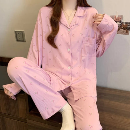 Pink Bow Dtie Design Pajamas for Women Long Sleeve Top & Elastic Waist Pants Pajamas Set Style Casual New Home Wear