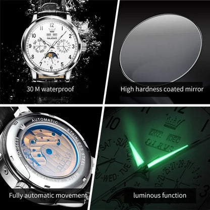 OLEVS Automatic Moon Phase Watch for Men — Leather, Waterproof, Luminous