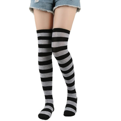 1 Paar stylische knielange JK-Socken, Damen-Streifensocken, hohe Socken, Mädchen-Oberschenkel-Socken. Mehrfarbige gestreifte niedliche Socken