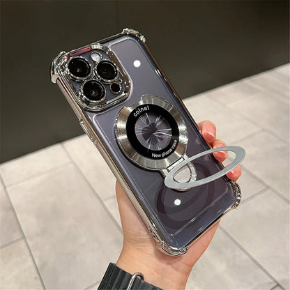 Phone case with ring holder held by a hand on a tiled floor.