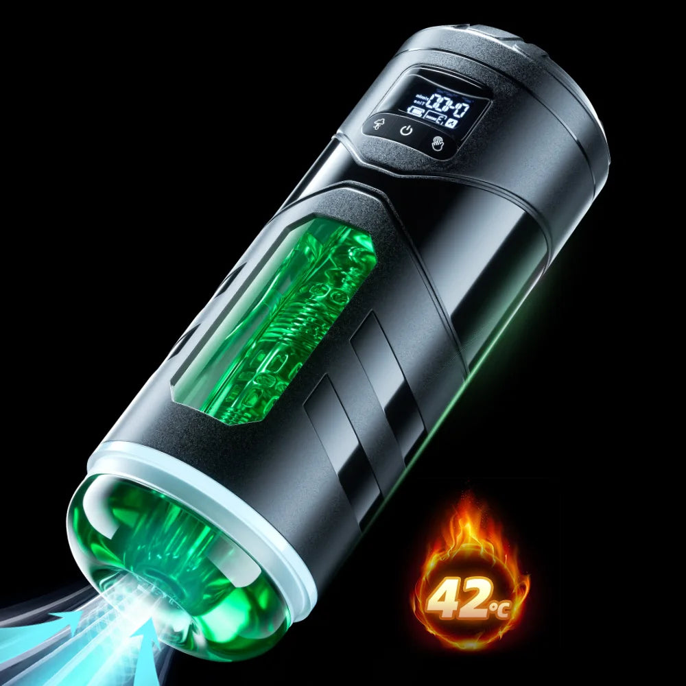 Black and green device with digital display and fiery graphic on a black background