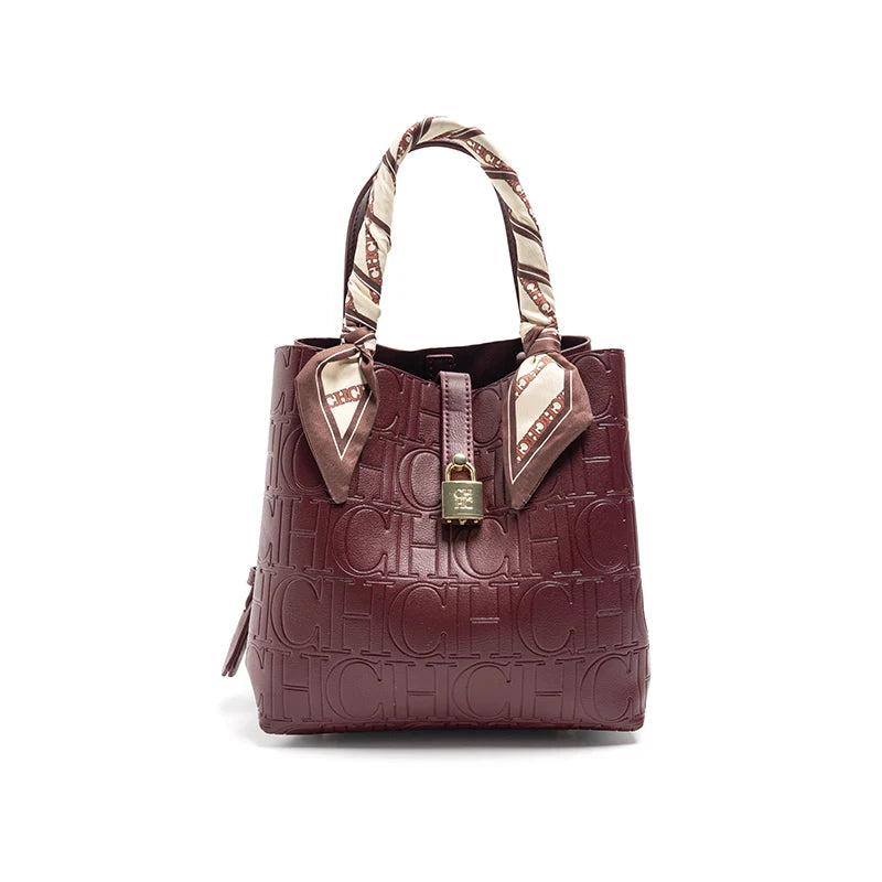 CH New Tote Bag Embossed Logo Silk Scarf Decor Lock Buckle Burgundy Fashion Women Casual Daily Handbag