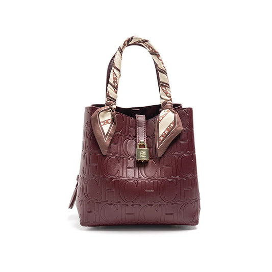 CH New Tote Bag Embossed Logo Silk Scarf Decor Lock Buckle Burgundy Fashion Women Casual Daily Handbag