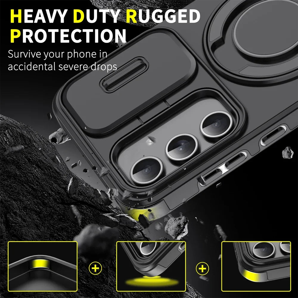 Phone case with 'Heavy Duty Rugged Protection' text, showing durability with text 'Survive your phone in accidental severe drops'.